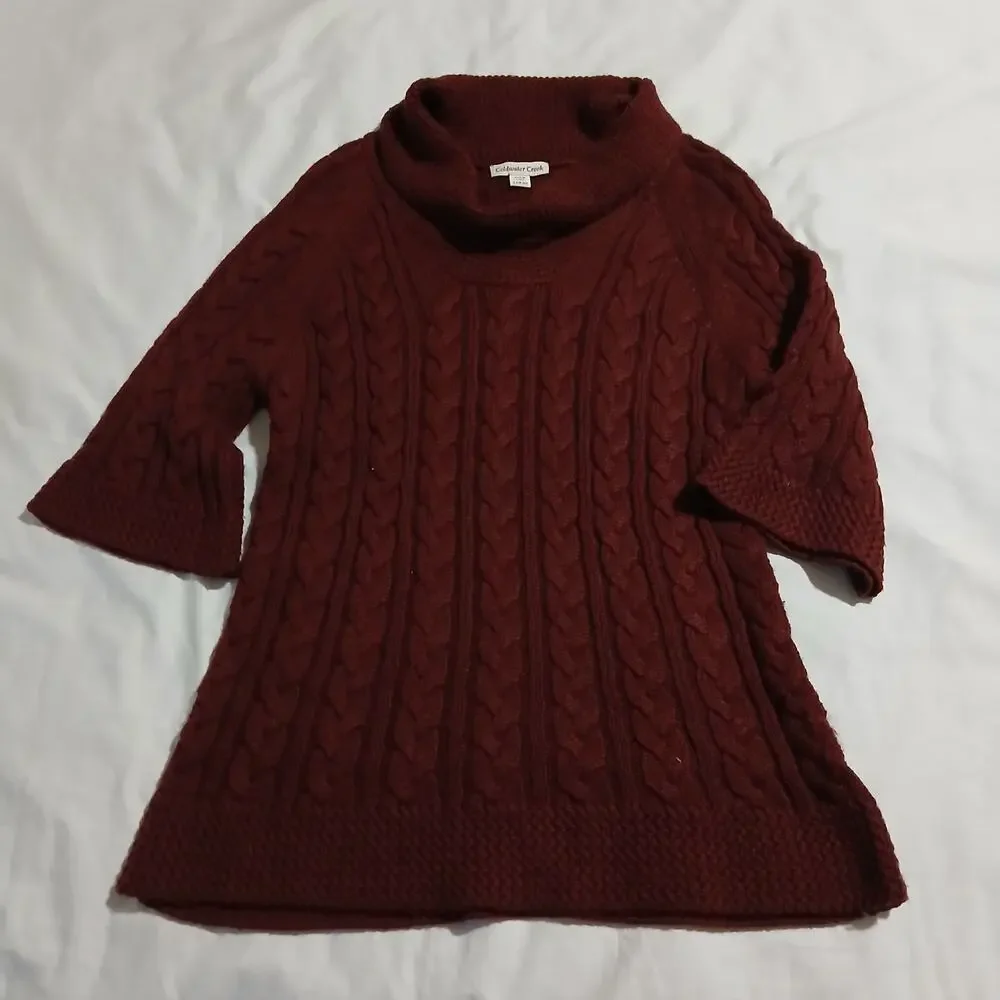 Coldwater Creek L (14/16) Maroon Cable Knit Cowl Neck Wool Blend Tunic Sweater
